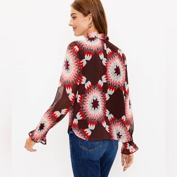 NWT LOFT Garden Smocked Ruffle Tie Neck Blouse Windsor Wine Ruffle Sheer Flowy - Picture 3 of 10